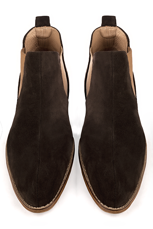 Dark brown and camel beige dress booties for men. Round toe. Flat leather soles. Top view - Florence KOOIJMAN